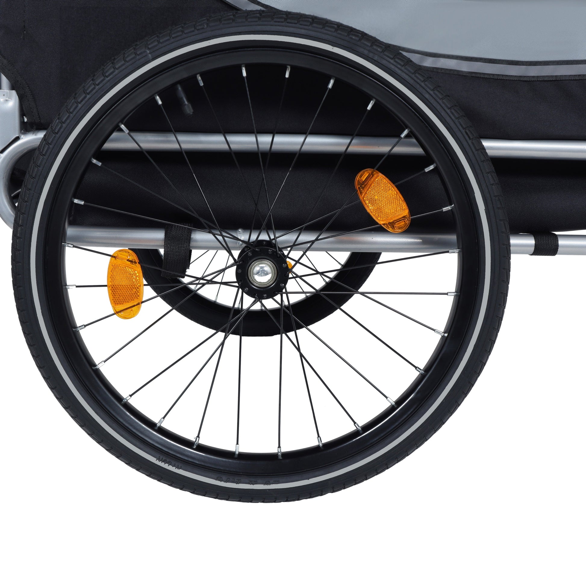 Large folding bike trailer for dogs wheel close-up with black tire and orange reflectors on Tampa Home & Garden Store