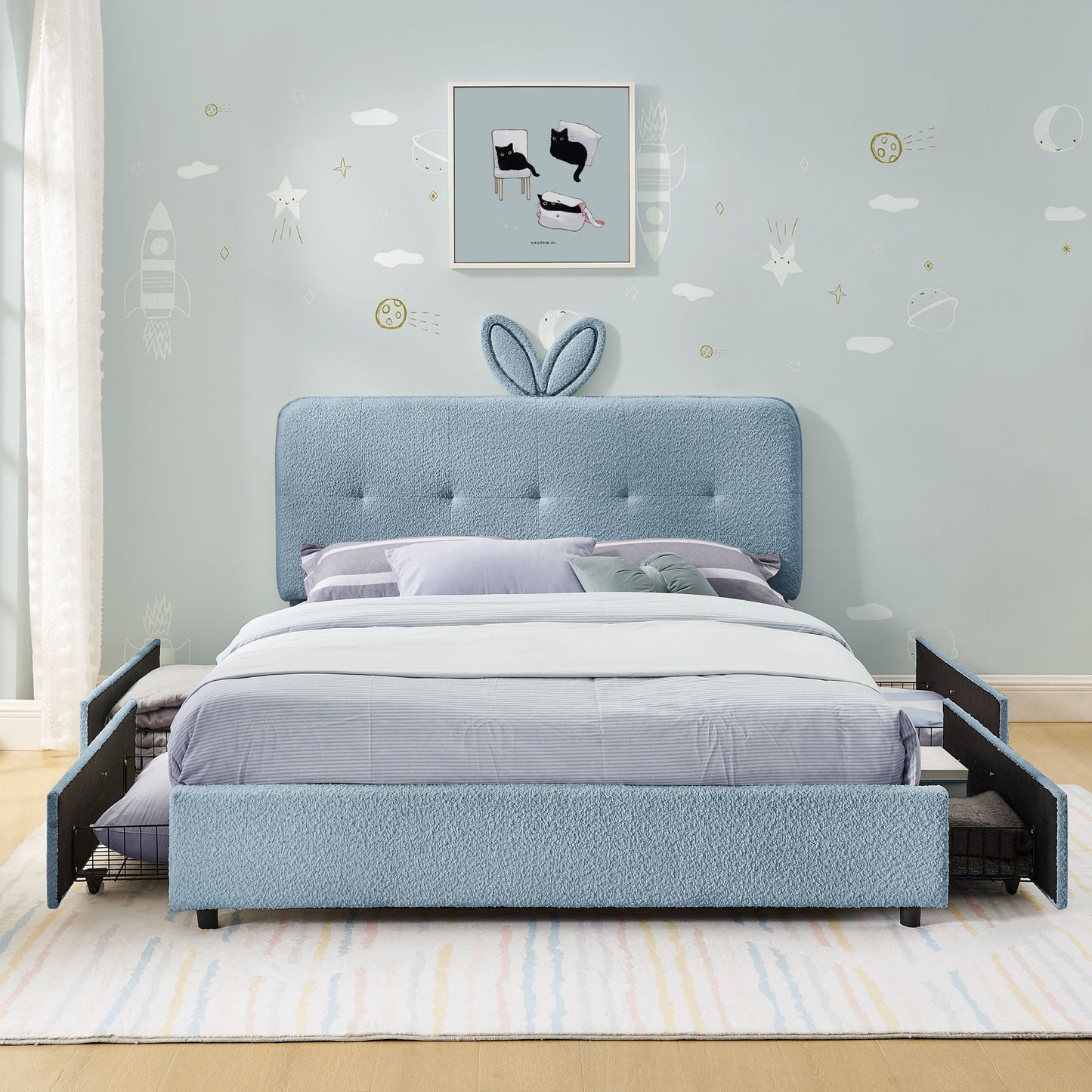 Upholstered Bed with Rabbit Ear and Led Drawers