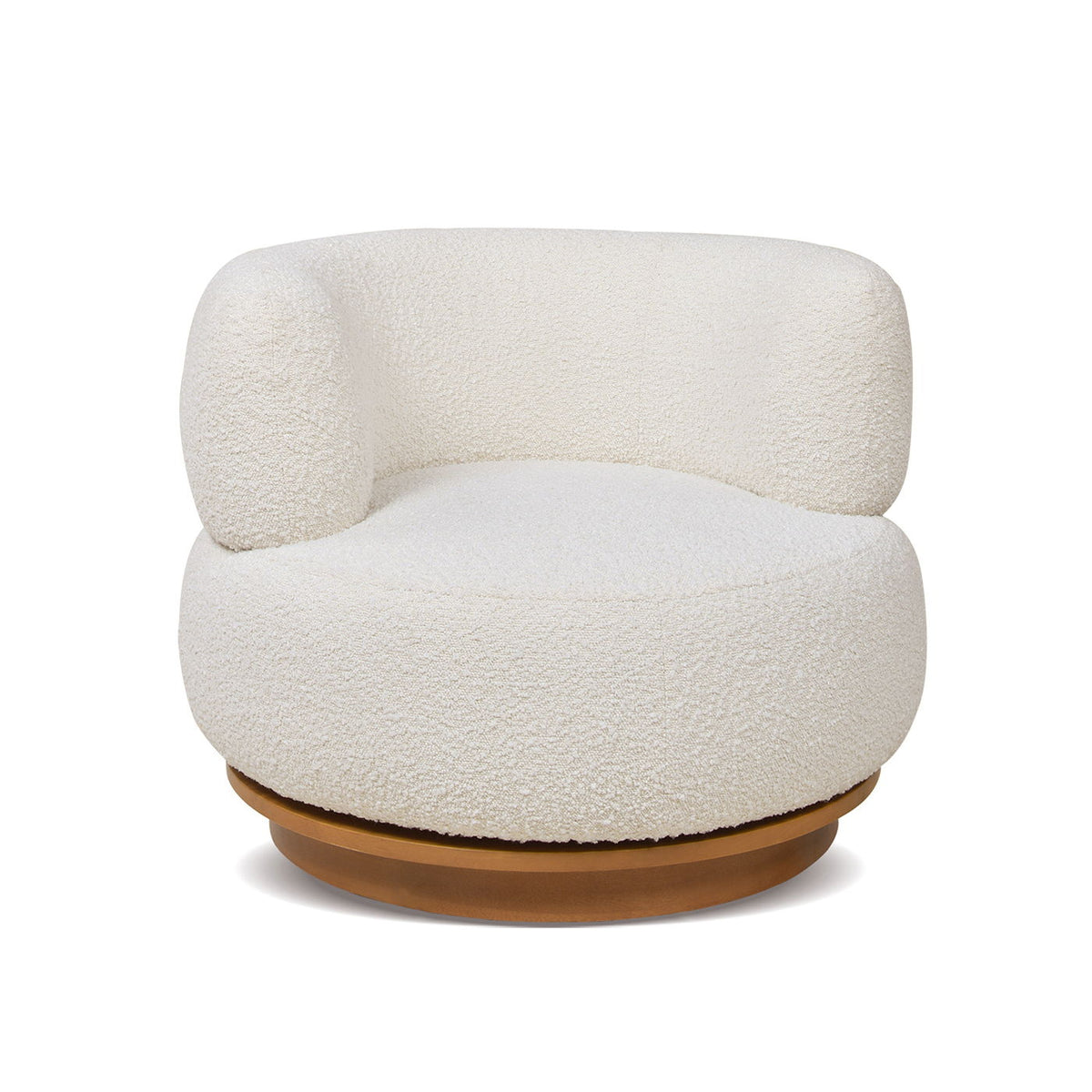 Ivory white swivel low barrel back accent chair in boucle fabric with wooden base on Tampa Home & Garden Store