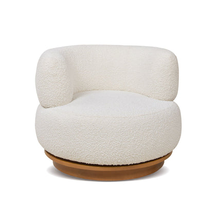 Ivory white swivel low barrel back accent chair in boucle fabric with wooden base on Tampa Home & Garden Store