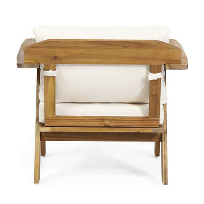 Outdoor acacia wood club chair with beige cushion teak finish on Tampa Home & Garden Store