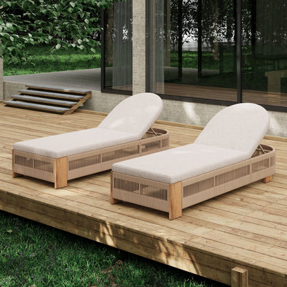 HouseOfZazla sunloungers in acacia wood with cushions, adjustable backs on a deck by glass walls on Tampa Home & Garden Store