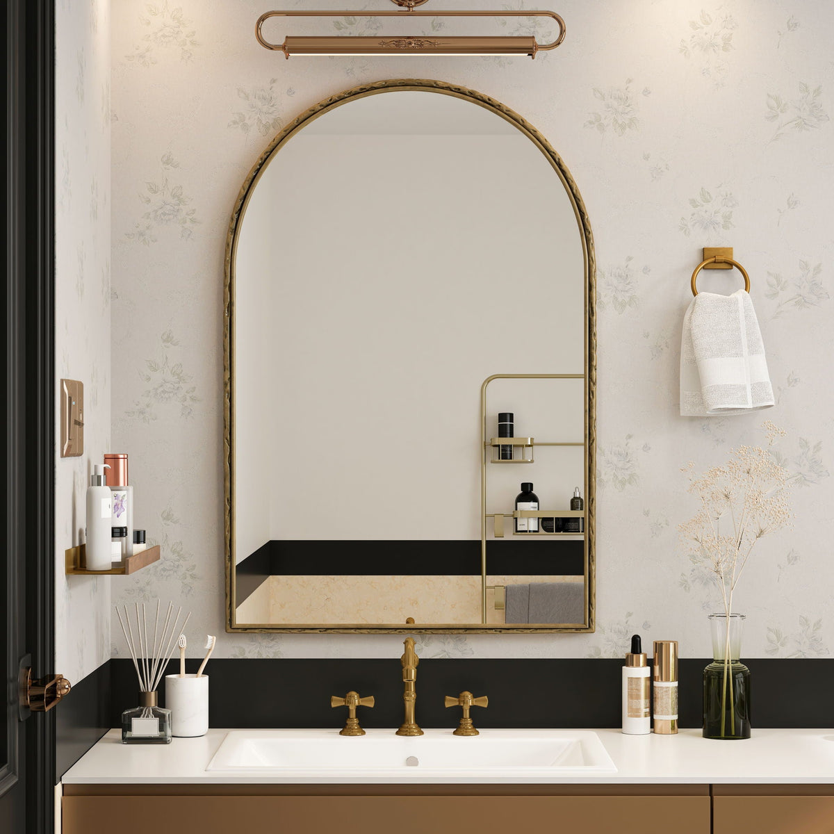 HouseOfZazla arched wall mirror with shatterproof glass in gold finish on Tampa Home & Garden Store