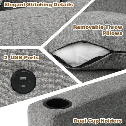 Grey fabric sectional sofa with pillows, movable ottoman, dual cup holders and 2 USB ports on Tampa Home & Garden Store