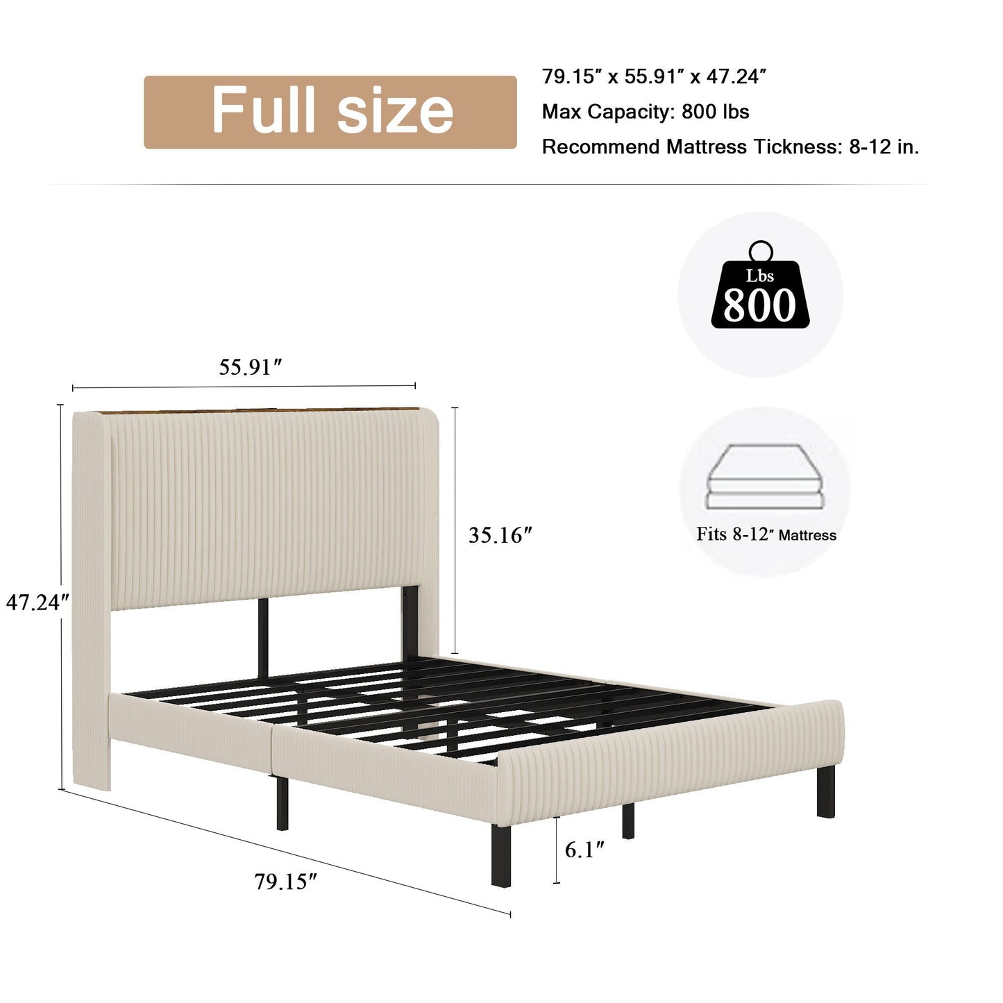 Platform Bed with Metal Frame and Charging