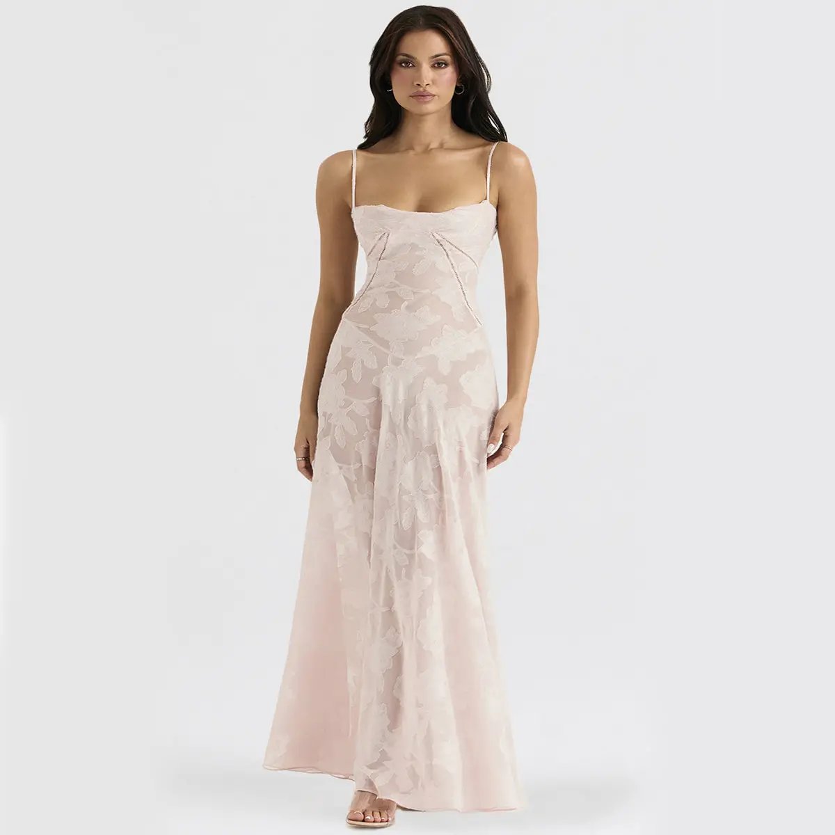Sexy flowers lace suspender dress blush pink with spaghetti straps and a long flowing maxi on Tampa Home & Garden Store