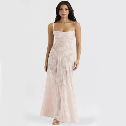 Sexy flowers lace suspender dress blush pink with spaghetti straps and a long flowing maxi on Tampa Home & Garden Store