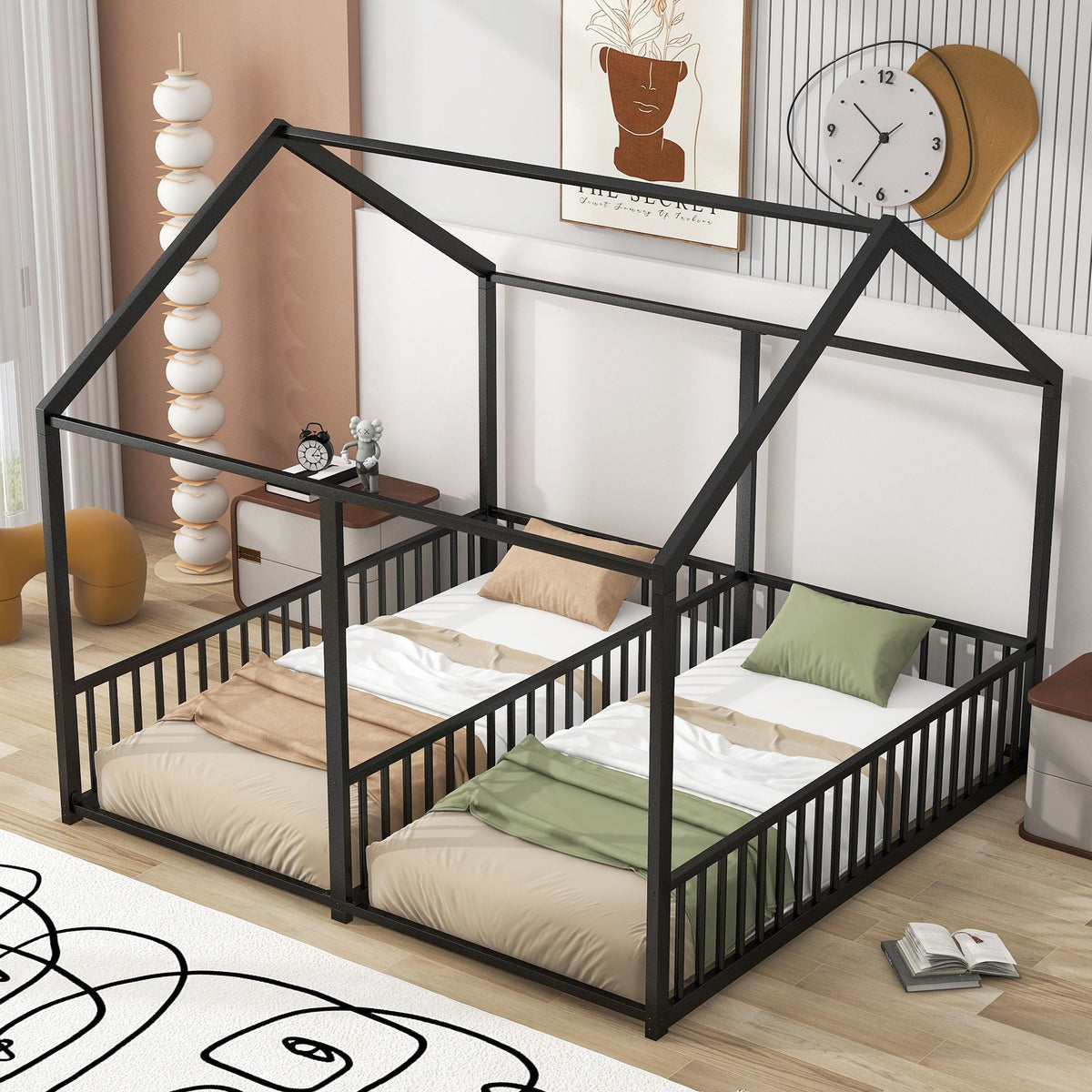 House platform beds for 2 twin beds with a black metal frame and guardrails by HouseOfZazla on Tampa Home & Garden Store