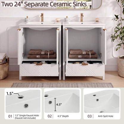 Double white modern bathroom vanity with two ceramic sinks and gold faucets on Tampa Home & Garden Store