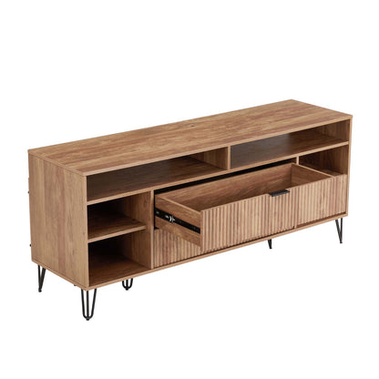 Fluted TV Stand with Storage and Metal Legs in warm oak by HouseOfZazla, grooved drawer front on Tampa Home & Garden Store