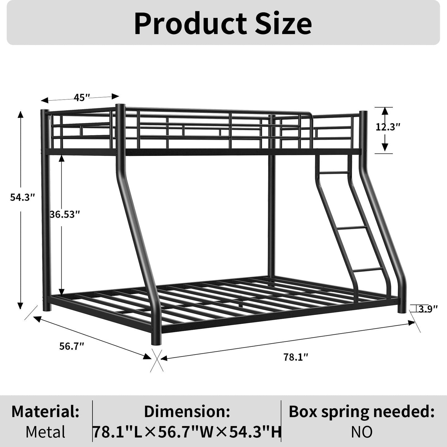 Sturdy Metal Bunk Bed With Ladder and Guardrail