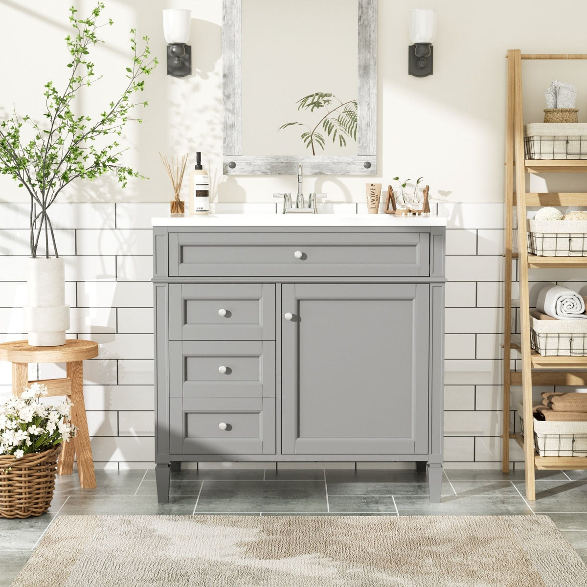 36in HouseOfZazla bathroom vanity with ceramic sink, gray finish and storage drawers on Tampa Home & Garden Store