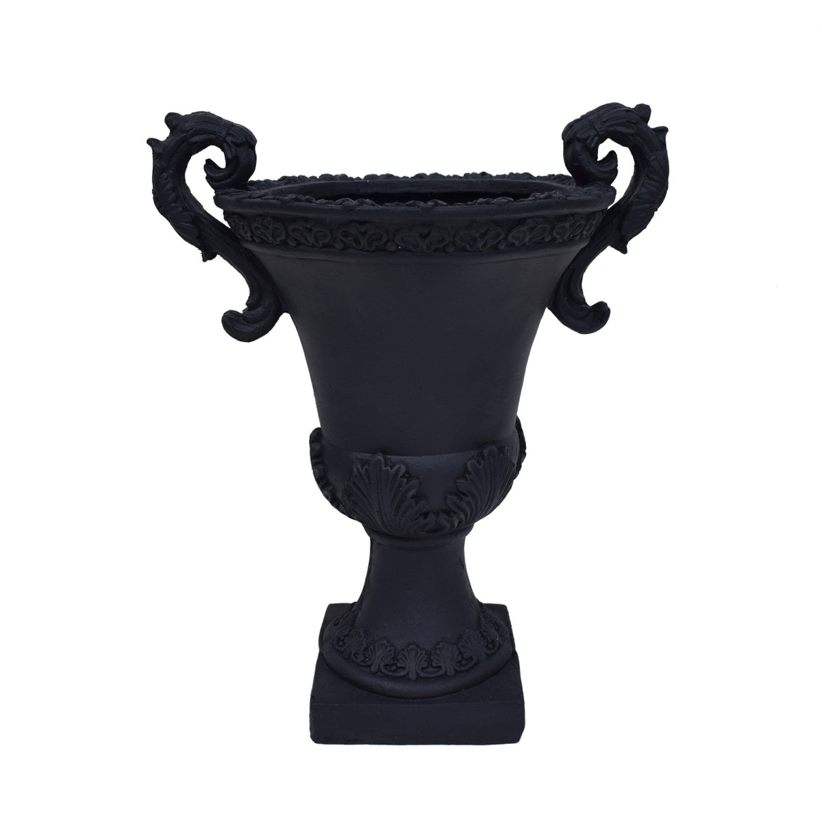 Delphine Urn Planter by HouseOfZazla, black with ornate scroll handles and textured rim on Tampa Home & Garden Store