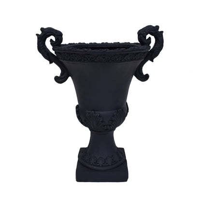 Delphine Urn Planter by HouseOfZazla, black with ornate scroll handles and textured rim on Tampa Home & Garden Store