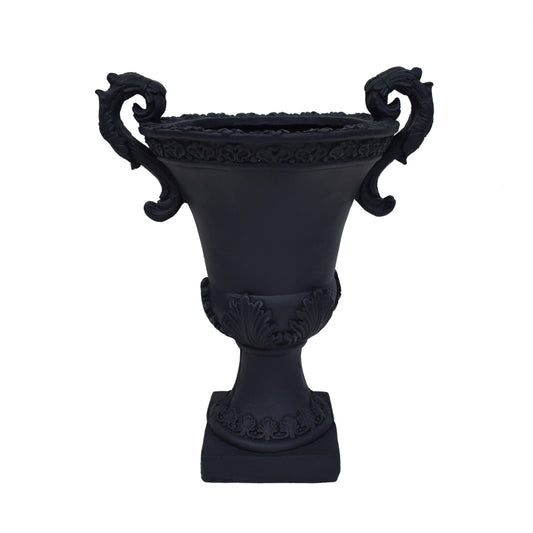 Delphine Urn Planter by HouseOfZazla, black with ornate scroll handles and textured rim on Tampa Home & Garden Store