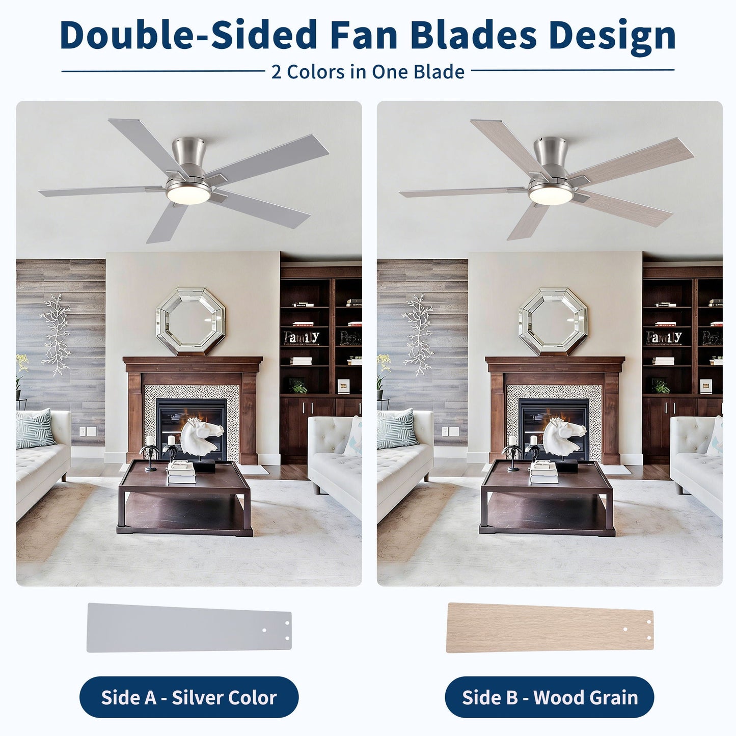 Ceiling fan with LED light, lowprofile flush mount, reversible quiet motor silver or wood blades on Tampa Home & Garden Store