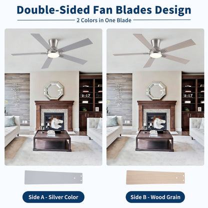 Ceiling fan with LED light, lowprofile flush mount, reversible quiet motor silver or wood blades on Tampa Home & Garden Store