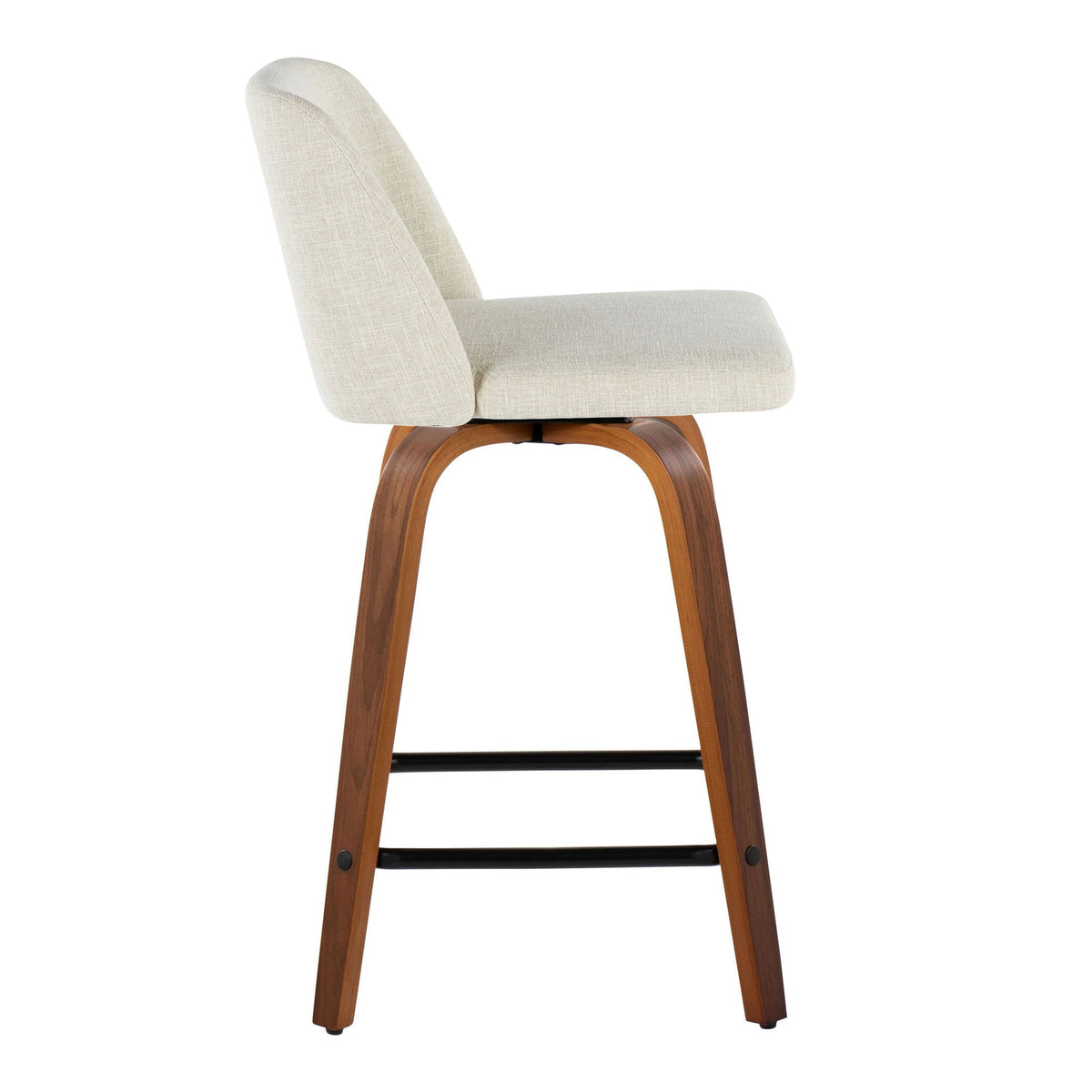Contemporary fixed-height counter stool with swiveling beige fabric seat and wooden legs on Tampa Home & Garden Store
