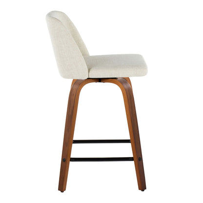 Contemporary fixed-height counter stool with swiveling beige fabric seat and wooden legs on Tampa Home & Garden Store