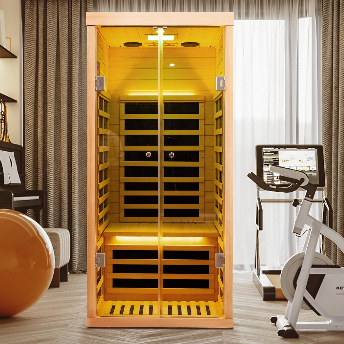 HouseOfZazla natural wood double infrared sauna with glass doors, LED lighting, Bluetooth on Tampa Home & Garden Store