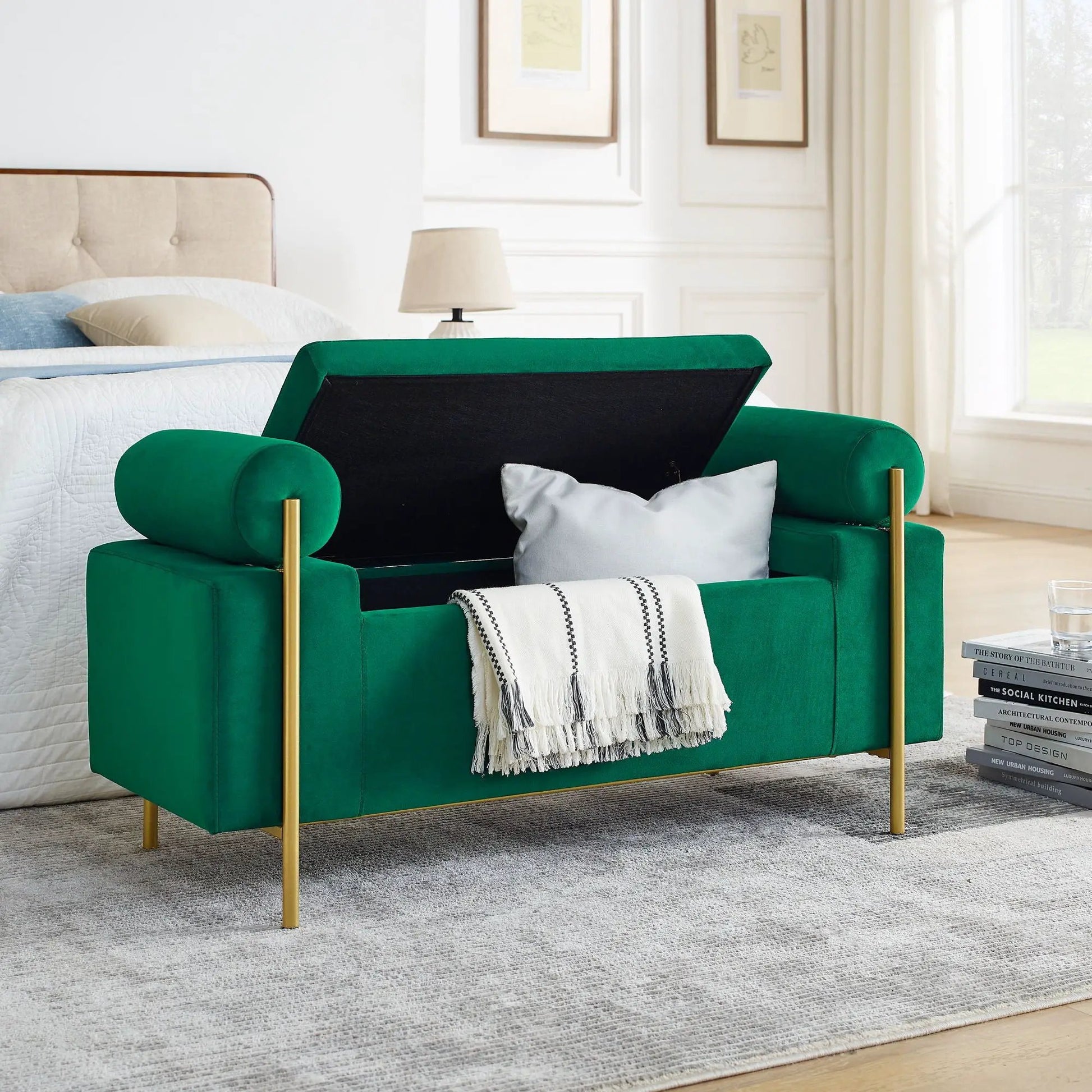 Emerald green velvet storage bench with cylindrical arms and gold iron legs Unique Piece on Tampa Home & Garden Store