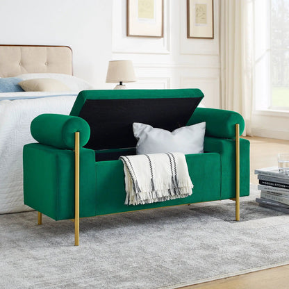 Emerald green velvet storage bench with cylindrical arms and gold iron legs Unique Piece on Tampa Home & Garden Store