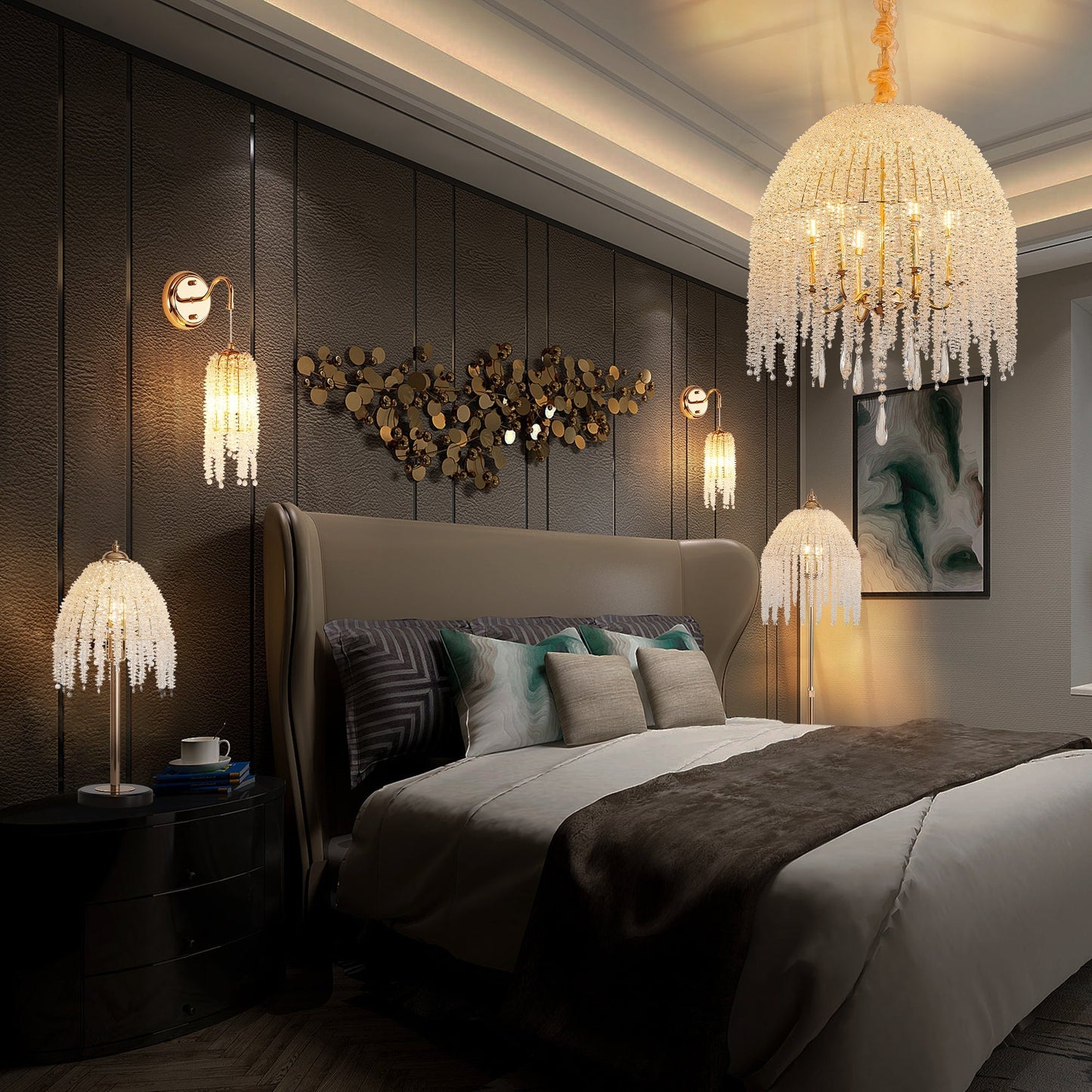 3-Light Elegant Crystal Floor Lamp Waterfall Design with gold-tone accents by HouseOfZazla on Tampa Home & Garden Store