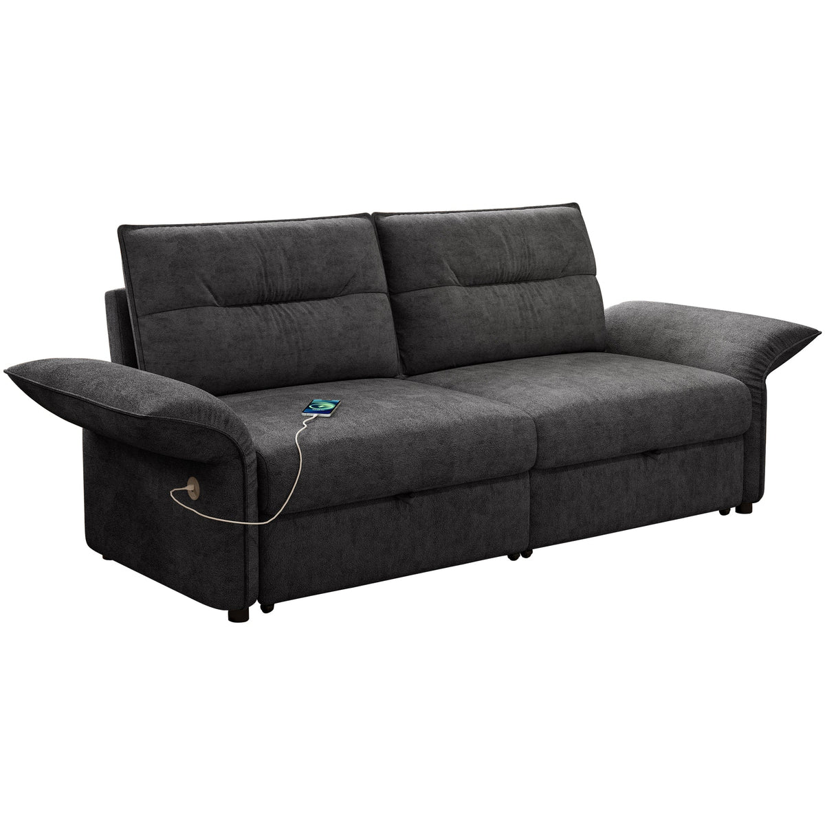 Grey plush-fabric sofa bed 85-inch convertible with remote on seat on Tampa Home & Garden Store