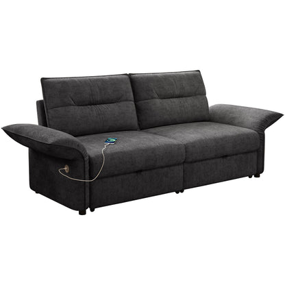 Grey plush-fabric sofa bed 85-inch convertible with remote on seat on Tampa Home & Garden Store