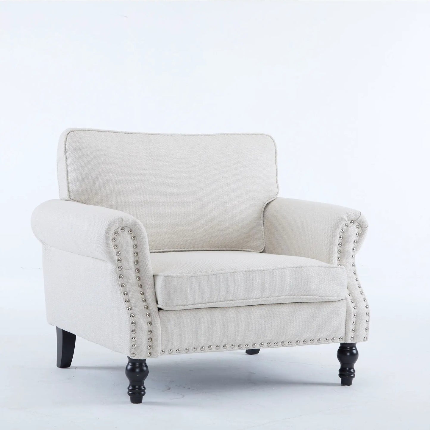 1-seat rolled-arm beige linen sofa with nailhead trim and dark wooden legs on Tampa Home & Garden Store