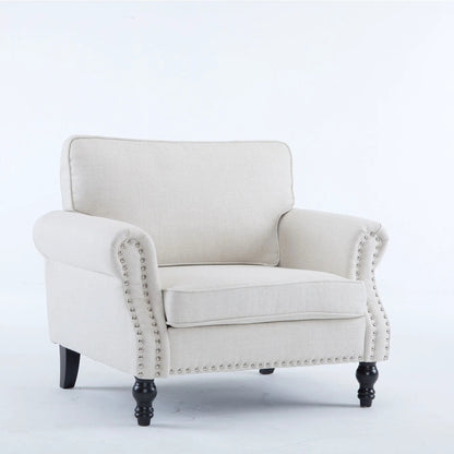 1-seat rolled-arm beige linen sofa with nailhead trim and dark wooden legs on Tampa Home & Garden Store