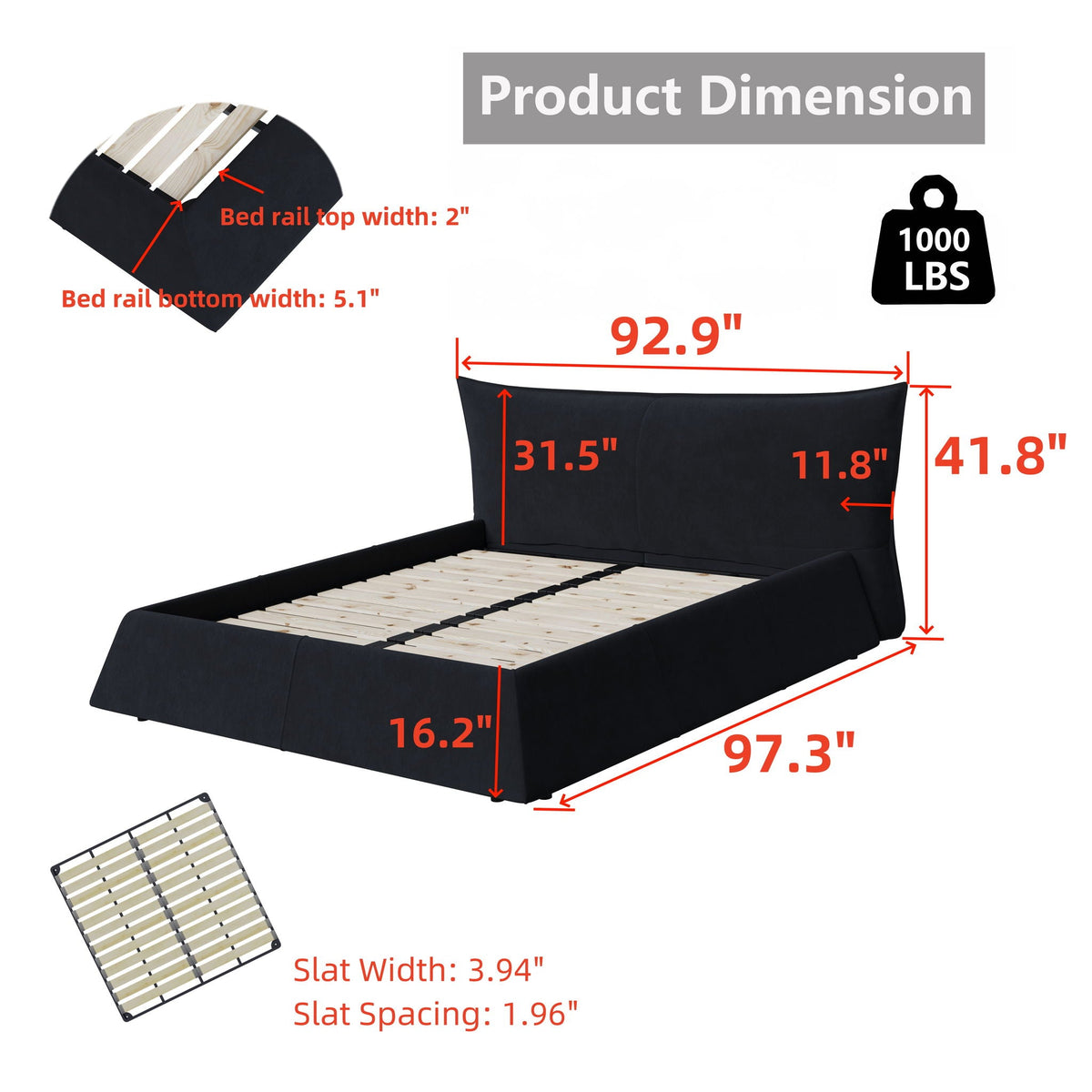 Upholstered platform bed with special shaped headboard in dark fabric on Tampa Home & Garden Store