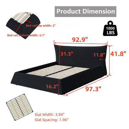 Upholstered platform bed with special shaped headboard in dark fabric on Tampa Home & Garden Store