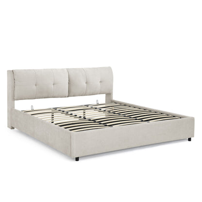 Storage upholstered hydraulic platform bed with headboard in beige fabric, HouseOfZazla on Tampa Home & Garden Store