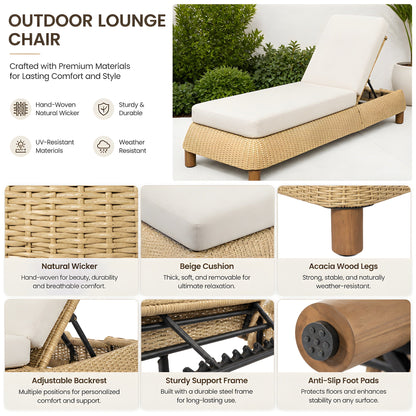 Adjustable outdoor wicker chaise lounge chairs set of 2 with white cushions and wicker base on Tampa Home & Garden Store