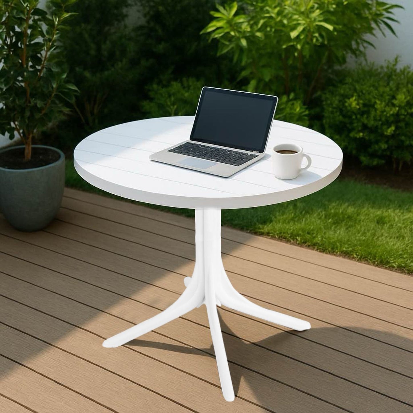 Modern white round outdoor dining table by HouseOfZazla with durable waterproof UV finish on Tampa Home & Garden Store