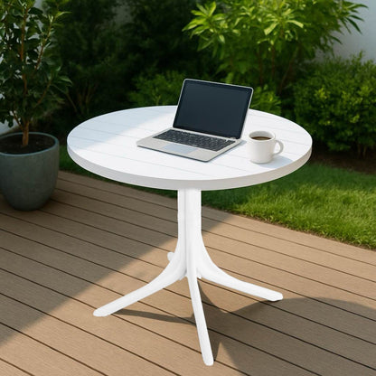 Modern white round outdoor dining table by HouseOfZazla with durable waterproof UV finish on Tampa Home & Garden Store