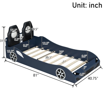 Race car shaped platform bed with LED and two upholstered backrests in dark blue by HouseOfZazla on Tampa Home & Garden Store