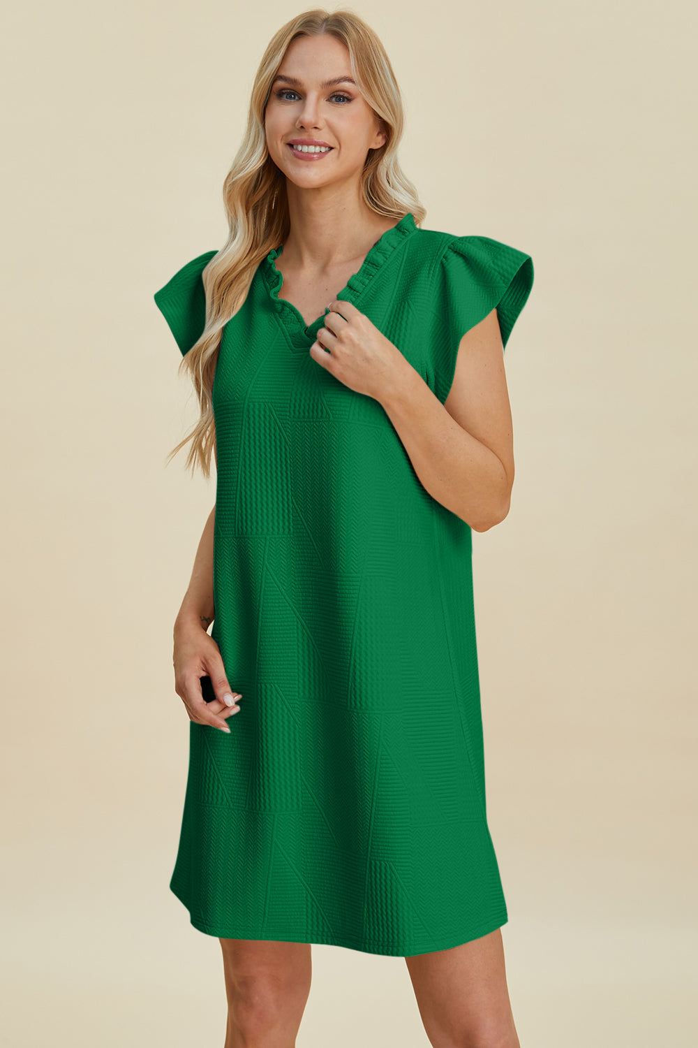 Stevvex Double Take Full Size Ruffled V-Neck Cap Sleeve Dress in green with textured patchwork on Tampa Home & Garden Store
