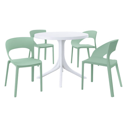 Modern outdoor 5-piece set with green stain-resistant chairs and white round table on Tampa Home & Garden Store