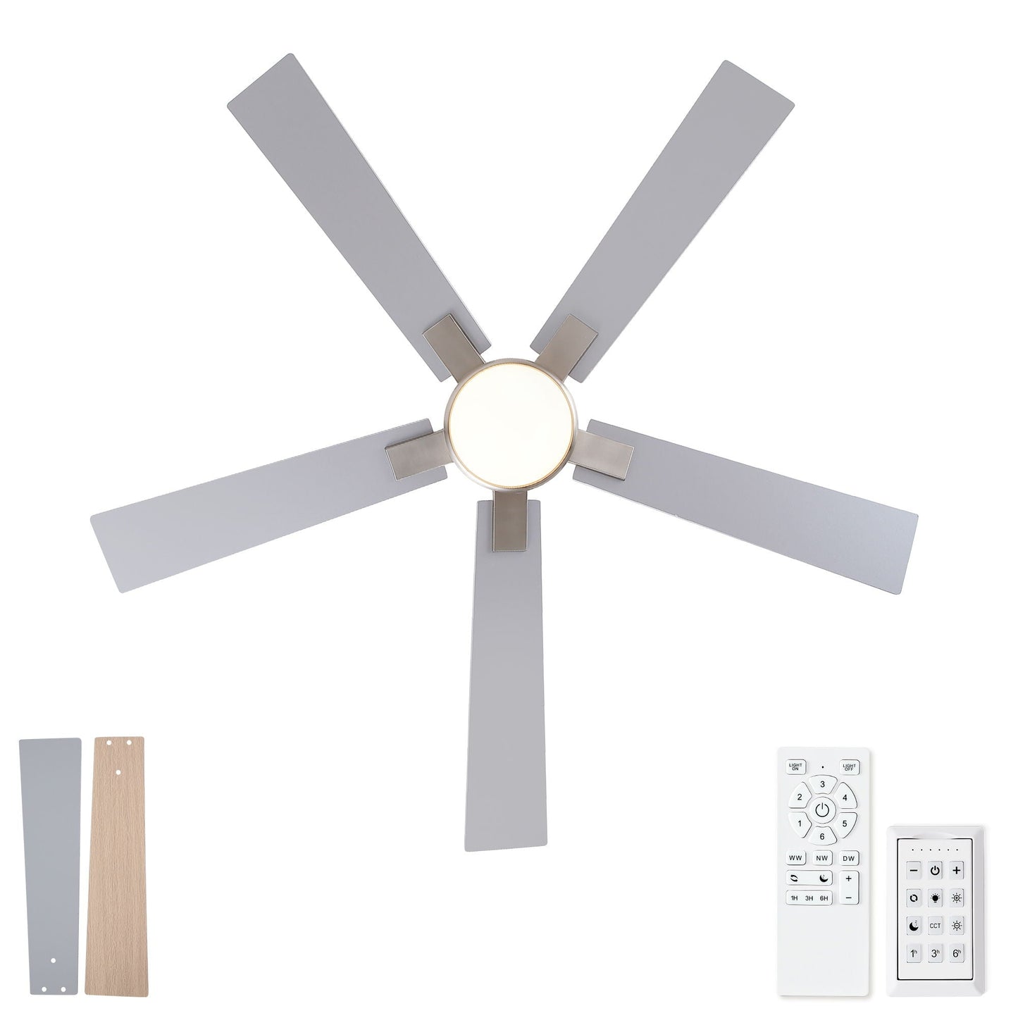 Ceiling fan low-profile flush-mount with integrated LED light five gray blades remotes included on Tampa Home & Garden Store