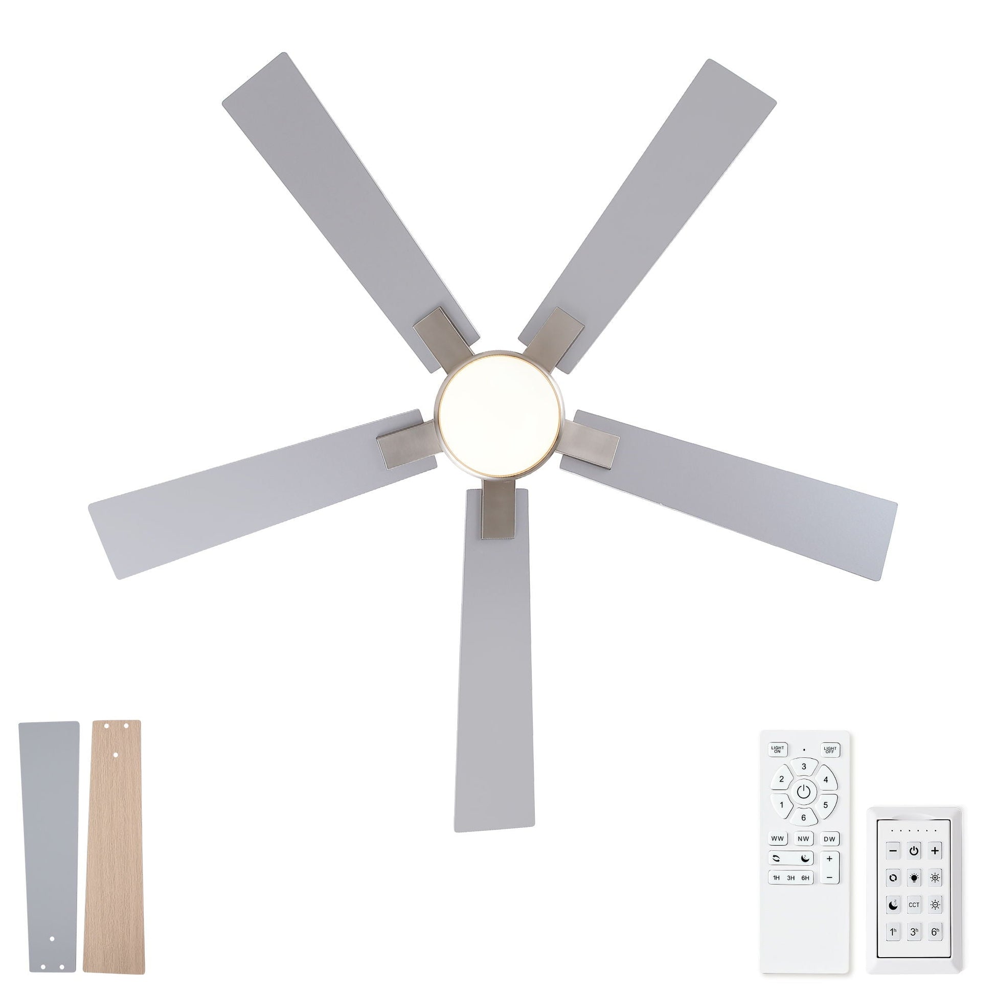 Ceiling fan low-profile flush-mount with integrated LED light five gray blades remotes included on Tampa Home & Garden Store