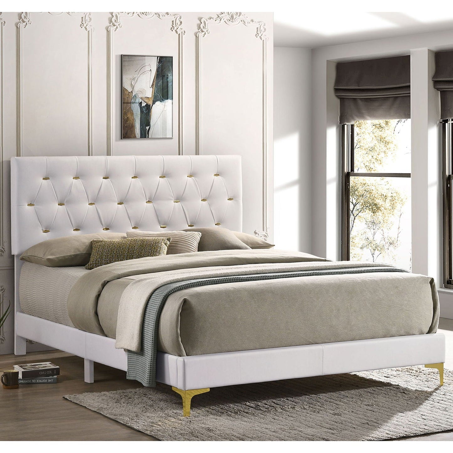 James - Panel Bed white tufted upholstered bed with gold legs and neutral bedding on Tampa Home & Garden Store