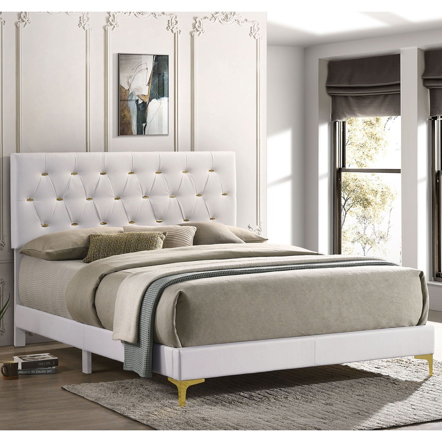 James - Panel Bed white tufted upholstered bed with gold legs and neutral bedding on Tampa Home & Garden Store