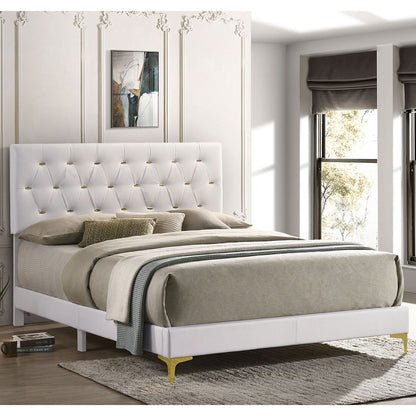 James - Panel Bed white tufted upholstered bed with gold legs and neutral bedding on Tampa Home & Garden Store