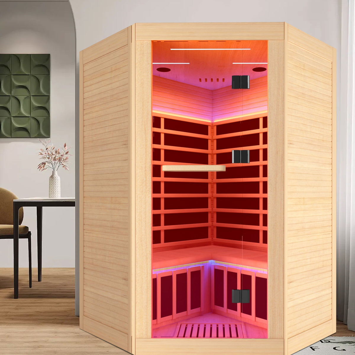 Canadian Hemlock double sauna with Bluetooth and LED lights, natural/graphite finish on Tampa Home & Garden Store
