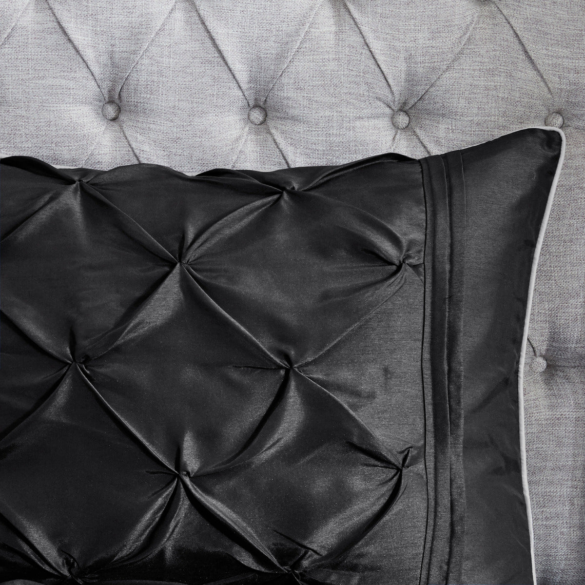 7 Piece Tufted Black Queen Comforter Set with diamond tufting and gray piping on Tampa Home & Garden Store