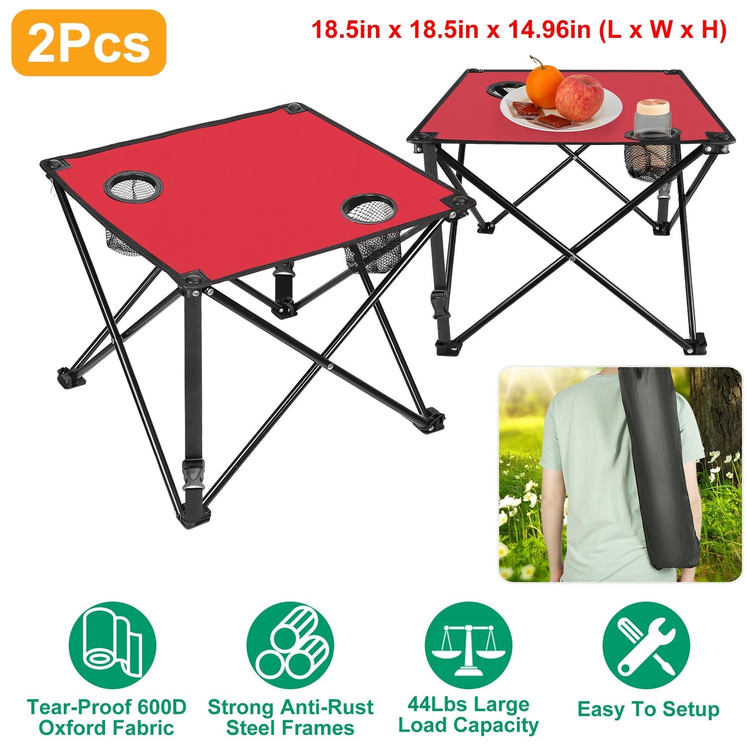 GemGear 2Pcs foldable camping tables with red tops and black steel frames featuring 2 cup holders and carrying bag on Tampa Home & Garden Store