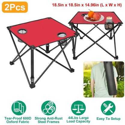 GemGear 2Pcs foldable camping tables with red tops and black steel frames featuring 2 cup holders and carrying bag on Tampa Home & Garden Store