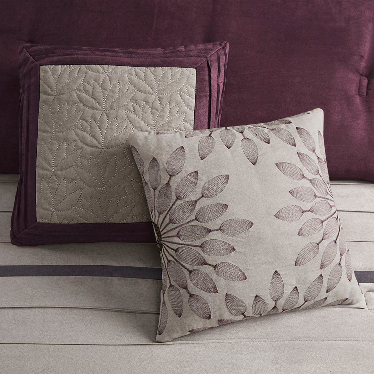 7 PC Pieced Faux Suede Comforter Set Purple King with quilted taupe panel and leaf pillows on Tampa Home & Garden Store
